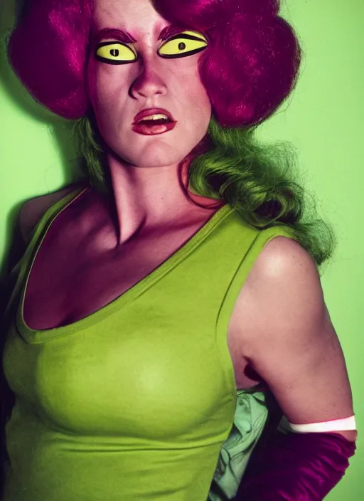 Image similar to a color photo portrait of she hulk in la wearing 6 0's fashion by tim walker, dramatic lighting, 7 5 mm lens, sharp focus.