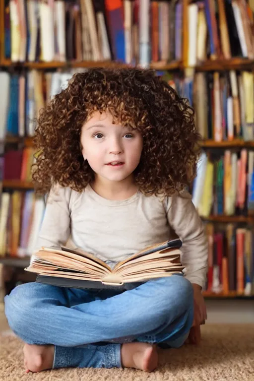 Image similar to a little girl with wavy curly light brown hair sits on a tall pile of books.