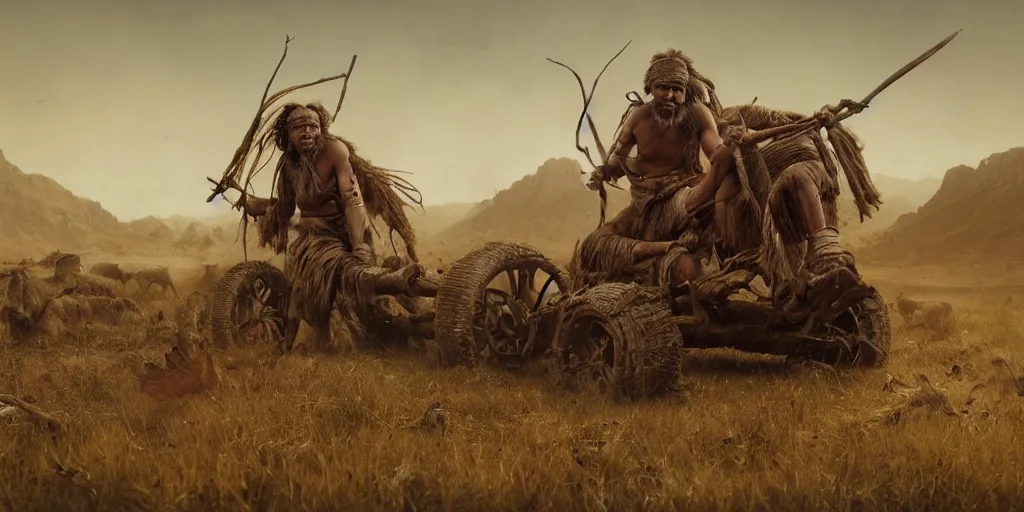 Prompt: photo of an ancient tribesman on ancient atv with big wooden wheels, hunting panicked buffalo herd ,attacking, wild chase, action scene, an epic fantasy, dramatic lighting, cinematic, establishing shot, extremely high detail, photorealistic, cinematic lighting, artstation, octane render, by simon stalenhag, horizon forbidden west,old photo, high speed photography, vintage