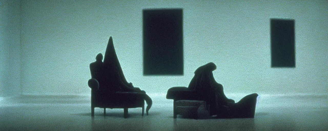 Image similar to a strange creature sits in the living room, film still from the movie directed by Denis Villeneuve with art direction by Zdzisław Beksiński, close up, telephoto lens, shallow depth of field