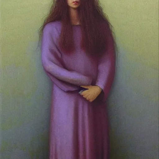 Prompt: young female in violet dress, painting by Beksinski