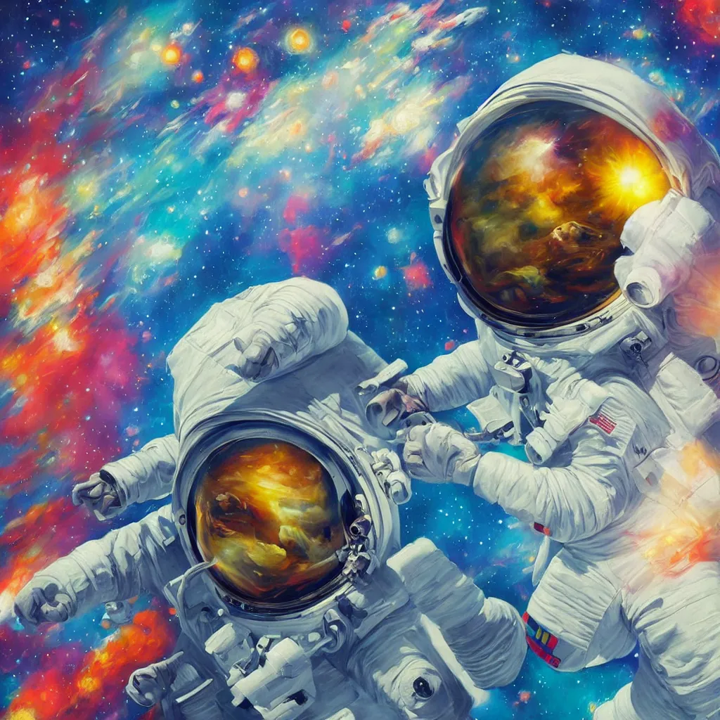 Prompt: A Detailed Painting of An Astronaut Floating In Space, Bright Colors, In The Style Of An oil Painting, Trending on cgsociety