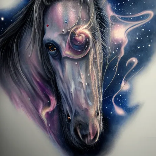 Image similar to a wlop 3 d render of very very very very highly detailed beautiful mystic portrait of a phantom undead horse with whirling galaxy around, tattoos by anton pieck, intricate, extremely detailed, digital painting, artstation, concept art, smooth, sharp focus, illustration, intimidating lighting, incredible art,