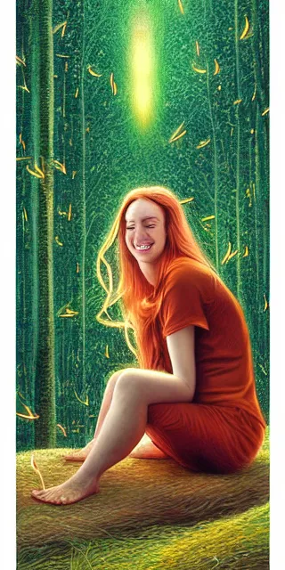 Image similar to infp young woman, smiling, amazed by golden fireflies lights, sitting in the midst of nature fully covered, long loose red hair, intricate linework, green eyes, small nose with freckles, oval shape face, realistic, expressive emotions, dramatic lights mystical scene, hyper realistic ultrafine art by michael cheval, jessica rossier, artgerm