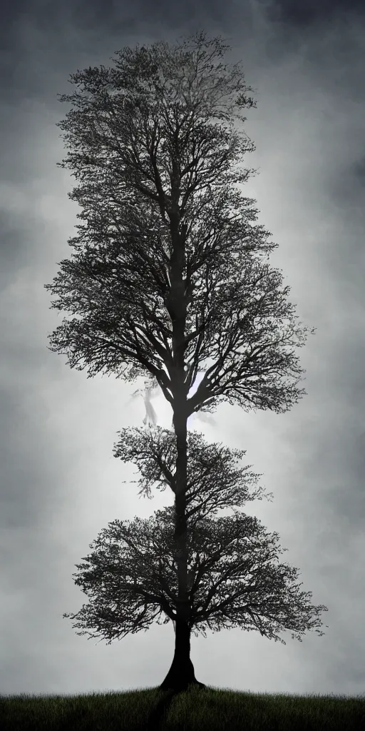 Prompt: the world tree standing tall on a lonely hill, photorealism, sunshaft