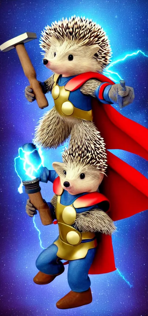 Image similar to the hedgehog thor ~ holding his hammer ~ dramatic thunder background ~ fighting scene ~