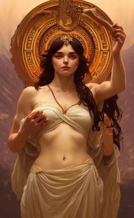 Prompt: the goddess hestia, greek mythology, intricate, upper body, highly detailed, digital painting, artstation, concept art, sharp focus, cinematic lighting, illustration, art by artgerm and greg rutkowski, alphonse mucha, cgsociety