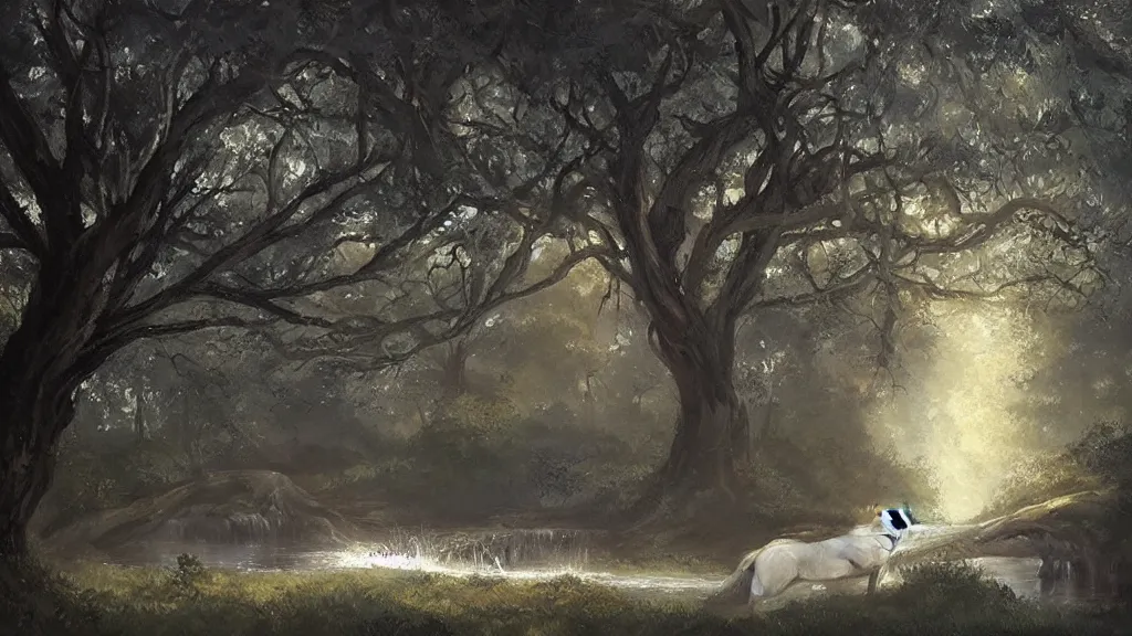 Image similar to over old trees wreathed with rotten vines fly evening crows, under a small bridge near a cottage a stream flows, on ancient road in the west wind a lean horse goes, sunset, by charlie bowater, by greg rutkowski