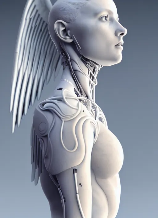 Image similar to a bloody statue made of white marble, of an gorgeous futuristic cybernetic angel girl, prostheses, transhumanism, full body shot, perfect symmetrical body, perfect symmetrical face, hyper realistic, hyper detailed, by johannen voss, by michelangelo, octane render, blender, 8 k