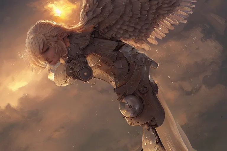 Image similar to Delicate blond male mechanical Angel dying on an anvil in the sun, 4k digital illustration by Artgerm, wlop, James Jean, Andrei Riabovitchev, Marc Simonetti, yoshitaka Amano, Artstation, CGsociety