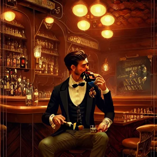 Image similar to a cinematic scene male steampunk gentleman in a cuban cigar bar, intricate, elegant, highly detailed, digital painting, artstation, concept art, smooth, sharp focus, illustration, art by artgerm and greg rutkowski and alphonse mucha