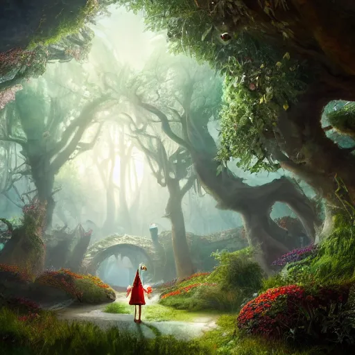 Image similar to photorealistic fantasy concept art of the world of Alice and wonderland landscape, dynamic lighting, magical, mysterious, hyperrealism, 8k resolution, HD quality