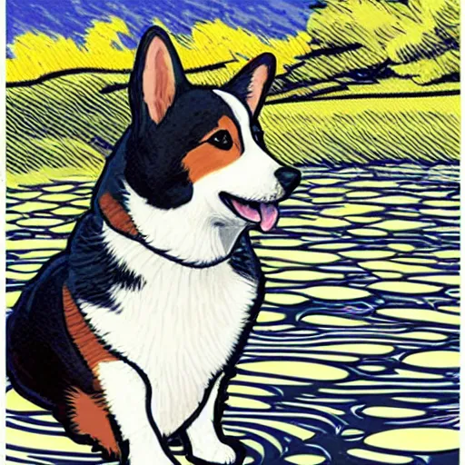 Prompt: corgi, by range murata, roy lichtenstein, monet, le brun.