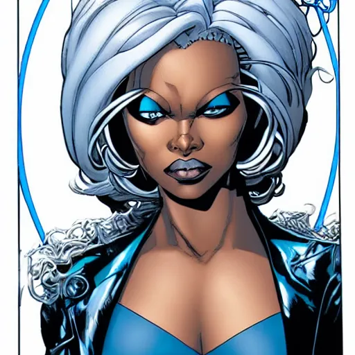Prompt: Portrait of Ororo Munroe, a beautiful black woman in her 30s, with white hair and piercing blue eyes, detailed face, gentle kind expression, heroic, graphic novel, art by Chris Bachalo,