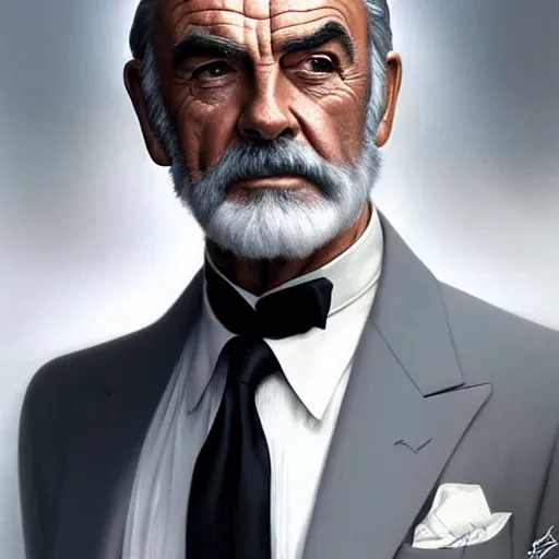 Prompt: Elegant sean connery looking gentleman with a silver suit, portrait, intricate, elegant, highly detailed, digital painting, artstation, concept art, rough, sharp focus, illustration, art by artgerm and greg rutkowski and alphonse mucha