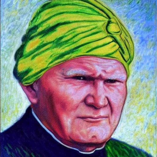 Image similar to portrait of john paul ii wearing piccolo's turban from dragon ball z by claude monet