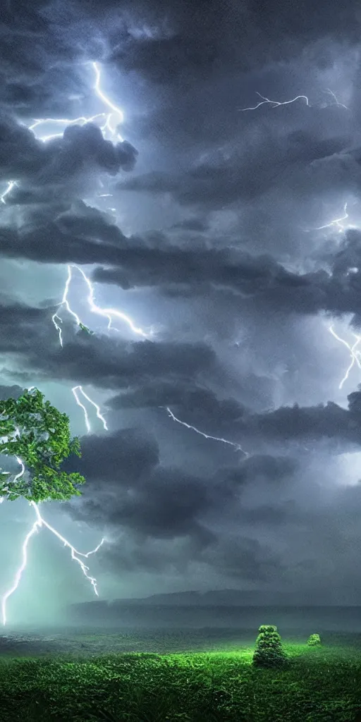 Image similar to an extreme thunder storm where lightning light up the night sky, Dark fantasy, unreal engine, realistic, green, forest, night sky,