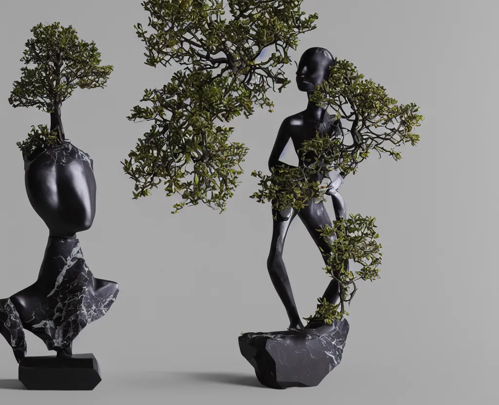 Image similar to beautiful mannequin sculpted out of onyx by billelis + lit with geometric neon printed lavender kintsugi + doorway opening to a new dimension with geometric fractal vaporwave light + flowering bonsai trees!!!!, transcendent, clean linework, dramatic, moody, finely detailed, 4 k, trending on artstation, award winning, photorealistic, volumetric lighting, octane render