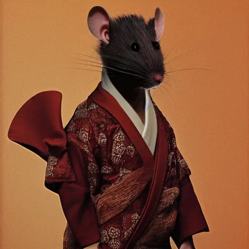 Image similar to a portrait of a human-rat hybrid with brown fur wearing a red kimono, hyper realistic, photography, film still