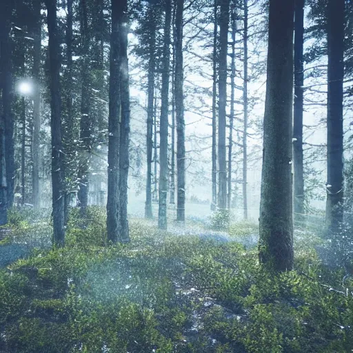 Image similar to bright nordic forest, sparkling spirits, detailed wide shot, dirt, ground detailed, wet eyes reflecting into eyes reflecting into infinity, beautiful lighting