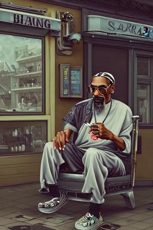 Prompt: an old man sitting in front of a barber shop, smoking a weed with snoop dogg!!, intricate, elegant, highly detailed, digital painting, artstation, concept art, smooth, sharp focus, illustration, art by joongwon charles jeong and mike dargas and marco grassi, tjalf sparnaay 8 k