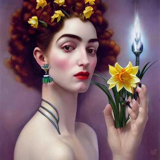 Prompt: dynamic composition, woman with hair of ( daffodils )!! and ( spring flowers ) wearing ornate earrings, ornate gilded details, a surrealist painting by tom bagshaw and jacek yerga and tamara de lempicka and jesse king, wiccan, pre - raphaelite, featured on cgsociety, pop surrealism, surrealist, dramatic lighting