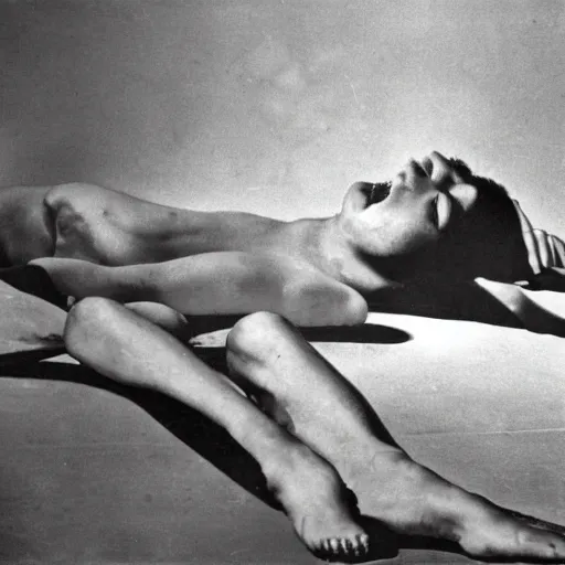 Image similar to desperation; pathetic creature with nothing to lose; hopelessness; drab landscape; desolation; man ray