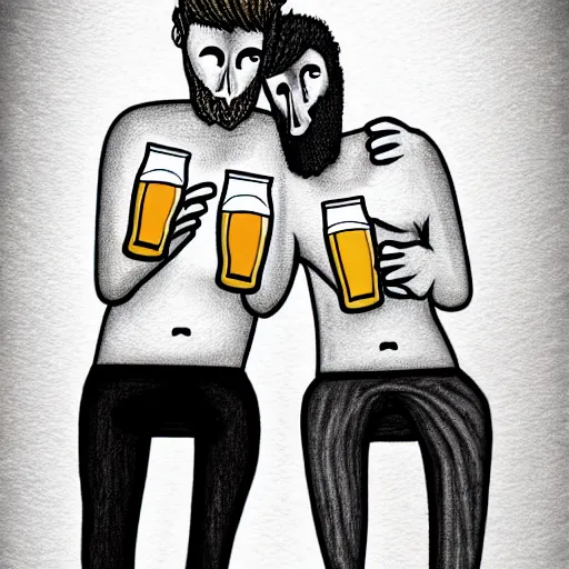 Prompt: two beautiful chad men drinking beers, many hearts, friendship, love, sadness, dark ambiance, concept by Godfrey Blow, featured on deviantart, drawing, sots art, lyco art, artwork, photoillustration, poster art