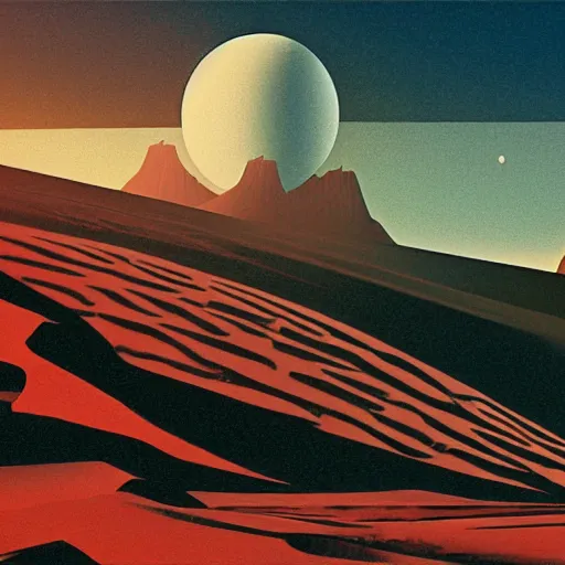 Prompt: mars dunes landscape, 8 0 s scifi art, in the style of bonestell chesley