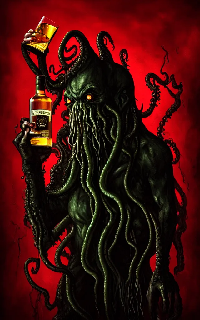 Prompt: a high - quality photorealistic dark and moody photography face centered portrait of an evil horror vampire holding a glass of whisky, cthulhu tentacles, thanatos, horror, swamp fog mist, horror, 8 k resolution, hyperdetailed, concept art, devils and demons