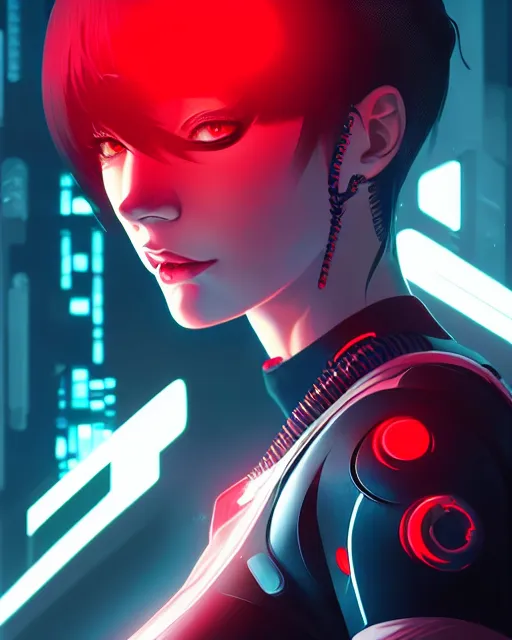 Image similar to a detailed potrait of a cyberpunk cyborg girl with black and red parts, fine - face, realistic shaded perfect face, fine details. night setting. very anime style. realistic shaded lighting poster by ilya kuvshinov katsuhiro, unreal engine, global illumination, radiant light, detailed and intricate environment