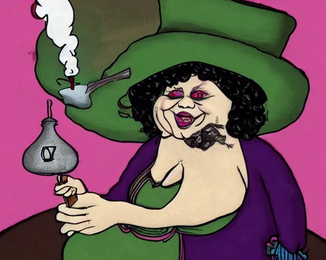 Prompt: fat witch smokin bong. the witch is smoking a bong.