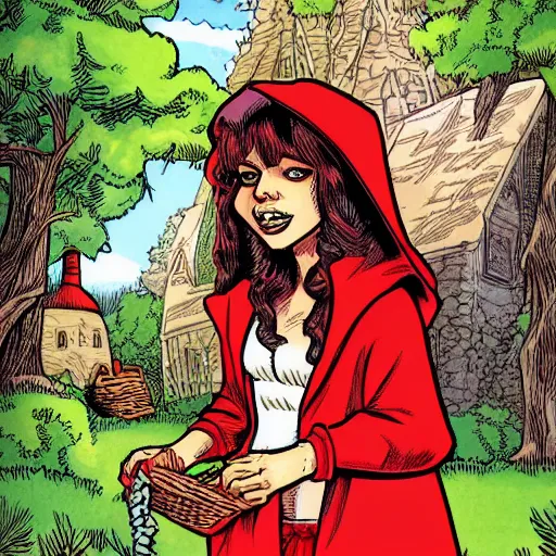 Image similar to little red riding hood illustrated in the style of arthur adams