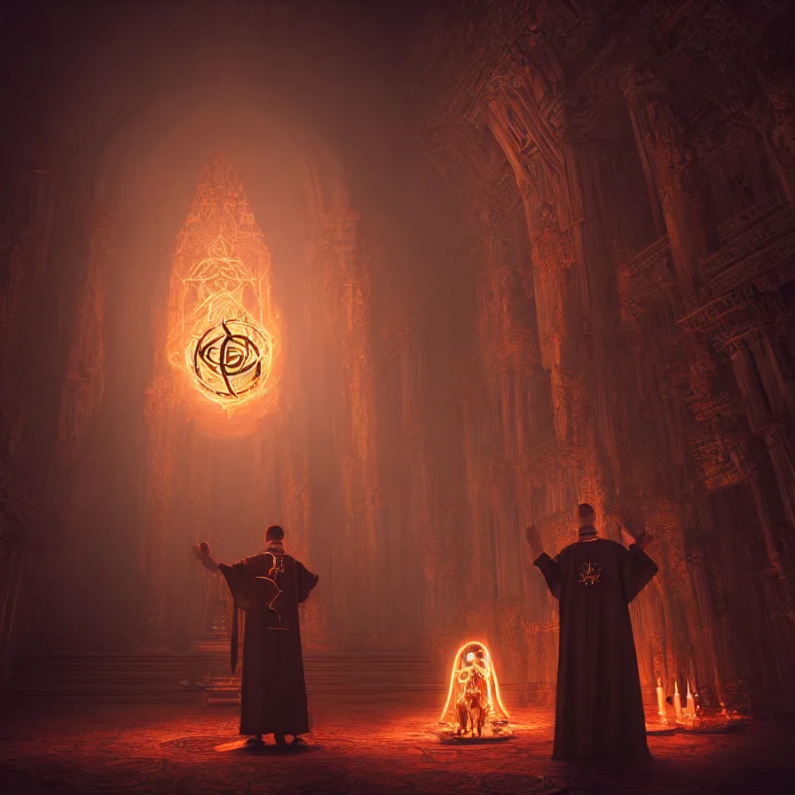 Image similar to an occult priest performs demonic ritual with magic and a glowing sigil in a fantastic temple, volumetric lighting, magical lighting, raytracing, dynamic lights and shadows, photorealistic render, digital art, wallpaper, octane, redshift, hyperdetailed, intricate details