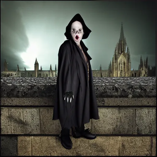 Prompt: vampire with raisin skin texture, grey wrinkled skin, posing on gothic cathedral roof, hostile architecture, vampire portrait, thunderbolt backdrop, illuminated by lightning, old tattered velvet cape, gaunt expressionless face, sunken cheekbones, bags under eyes, puffy white shirt, full moon, global illumination, gold dappled light, gradient aperture