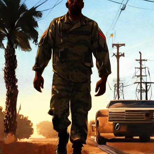 Prompt: A black man in a US military outfit in a grand theft auto 5 loading screen , art by Albert Bierstadt and James Gurney, highly detailed, digital painting, matte painting, concept art, illustration, oppressive lighting, trending on artstation, very detailed