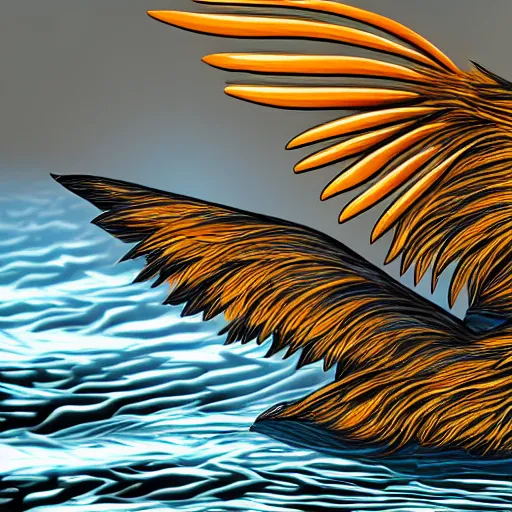 Image similar to beautiful digital painting of a duck with tiger colored feathers. It spreads its wings majestically as it takes off from a placid river in the south of france. Golden hour, perfect contrast, awe inspiring.