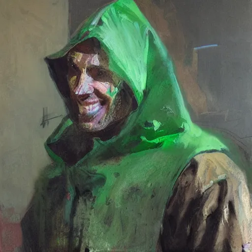 Image similar to portrait of a smiling chad programmer with green hood by jeremy mann, dramatic lighting, close up