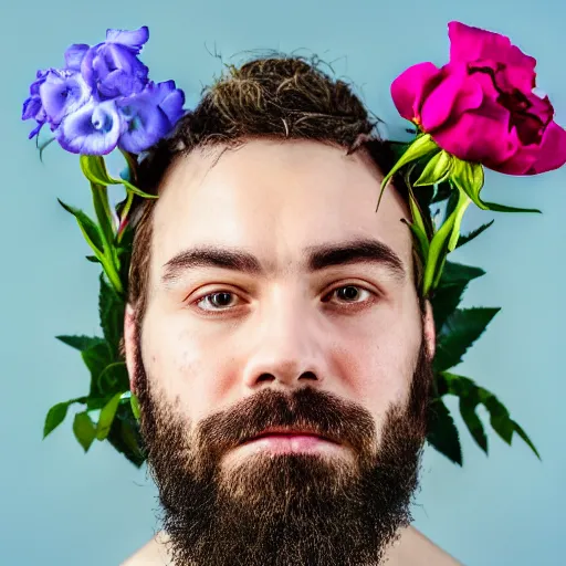 Image similar to a portrait of a man with flowers in the beard, roses peonies forget-me-nots dahlias lupins gladioli, sky theme in background, 35mm Photograph, 4K Resolution, Astrophotography, Digital Art, Trending on artstation