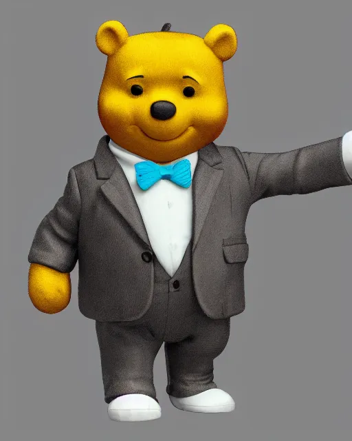 Image similar to full body 3d render of winnie-the-pooh wearing a suit as a funko pop, studio lighting, white background, blender, trending on artstation, 8k, highly detailed