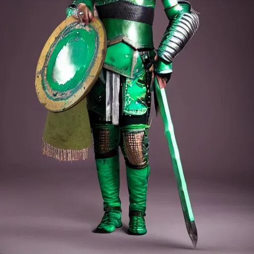 Prompt: full shot photo of a female warrior with malachite armor