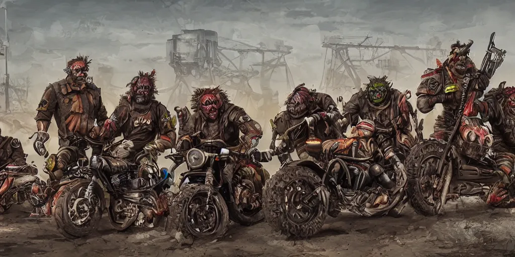 Prompt: colorful post-apocalyptic orcish motorcycle gang, featured on artstation