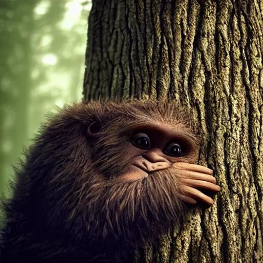 Image similar to award winning, hyper realistic, photograph, sasquatch infant peering out timidly from behind a tree with large cute eyes and it's hand wrapped around the tree trunk, portrait, 8 k, twilight, fog, moonlit