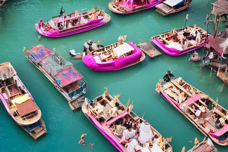 Image similar to floating markets of singapore river along boat quay turquoise and pink river during orchid tree season on thermal waters flowing down white travertine terraces during interstellar aurora borealis, gold waterfalls, vendors, festivals, fun, by peter mohrbacher, james jean, james gilleard, greg rutkowski, vincent di fate, rule of thirds, octane render, beautiful landscape