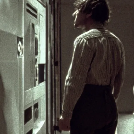 Image similar to a man and a robot in a moment of jealousy, movie still, film still, Movie by Andrzej Zulawski