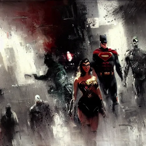 Image similar to justice league, jeremy mann painting