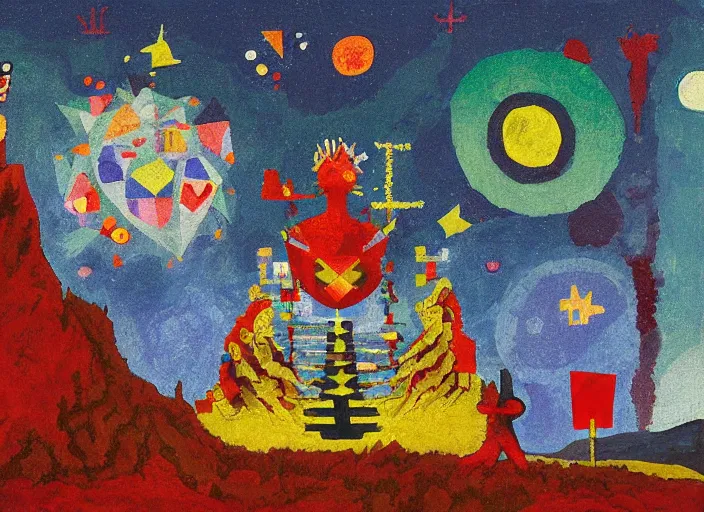 Image similar to pixel decollage painting tarot lovers card composition tower of babel road red armor maggot bear and wonky alien frog skeleton knight on a horse in a dark red cloudy night sky with golden foil jewish stars and diamonds, mountain lake and blossoming field in background, painted by Mark Rothko, Helen Frankenthaler, Danny Fox and Hilma af Klint, pixelated, neo expressionism, semi naive, pastel colors, cinematic, color field painting, cave painting, voxel, pop art look, outsider art, minimalistic. Bill Traylor painting, part by Philip Guston, Amano and Francis Bacon. art by Adrian Ghenie, very coherent symmetrical artwork, cinematic, hyper realism, high detail, octane render, unreal engine, Smooth gradients, depth of field, full body character drawing, extremely detailed, 8k, extreme detail, intricate detail, masterpiece