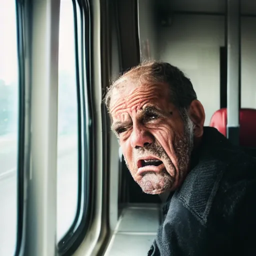 Image similar to a very very confused and scared man riding a suburban train for the first time, 8 5 mm photograph