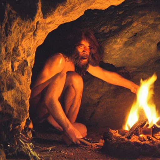 Prompt: cave man discovering fire