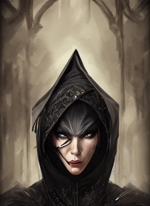 Prompt: a highly detailed character portrait of a sinister female assassin, dark black hooded robes, intricate, digital painting, artstation, intricate, concept art, smooth, sharp focus, illustration, deep vibrant colors